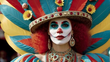 A vividly colored woman carnival or circus performer clown-like makeup red nose, ornate headdress blend of a leaf and a hat