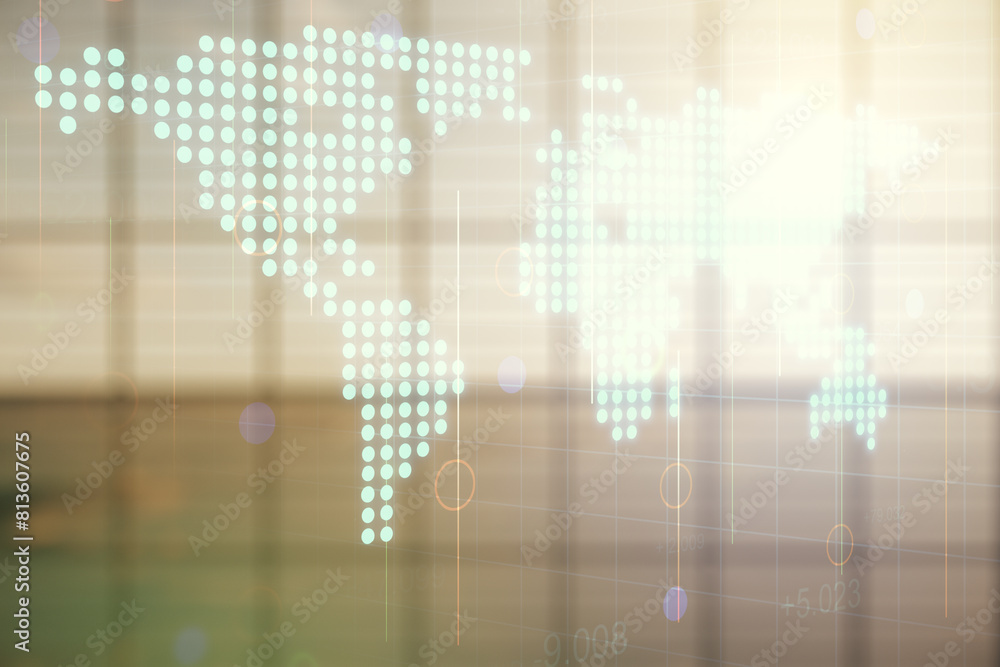 Aufkleber Multi exposure of abstract graphic world map on modern interior background, big data and networking concept