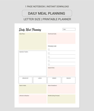 Daily Meal Planner  Notes | Daily Meal Planner  Notebook |Daily Meal Planner  Workbook | Daily Meal Planner  Log Book | Notebook Printable Planner | Letter Size