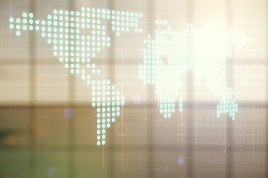 Multi exposure of abstract graphic world map on modern interior background, big data and networking concept