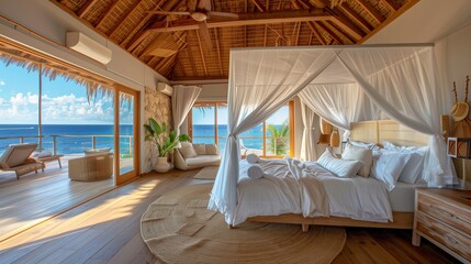 A bedroom with a panoramic view of the ocean, a canopy bed, and a breezy, open layout