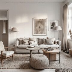 Scandinavian living room with chic simplicity, featuring a beautiful blend of textures and neutral colors.