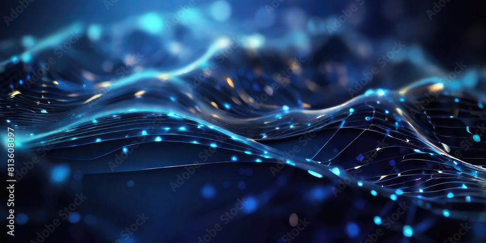 Poster abstract blue tech background with digital waves, dynamic network system, artificial neural connecti