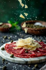 A dynamic image of beef carpaccio fanning from a marble board, caper berries and parmesan slivers ascending, against a hunter green background