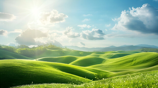 Rolling green hills under sunny blue sky with fluffy white clouds