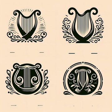 set logo lyra harp musical instrument black beign in vintage style, generative ai