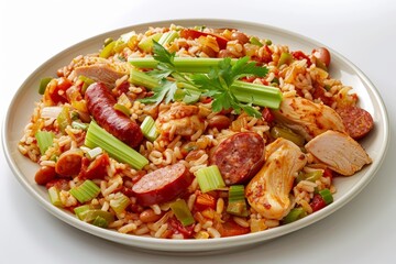 Fototapeta premium Sautéed Andouille and Chicken Jambalaya with Cajun Spices