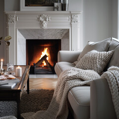 Scandinavian living room with an elegant fireplace, cozy knit blankets, and a soft, inviting sofa.