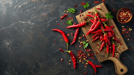 Fiesta of Fire: Captivating Board with Dry Hot Chili Peppers on a Dark Background -- AR 16:9