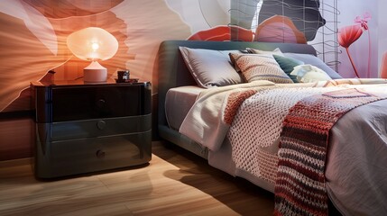 A bedroom with a sleek, high-gloss nightstand, a contemporary bedspread, and a unique wall mural