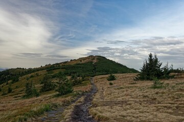 Obraz premium Beautiful landscape in mountains with pathway under blue cloudy sky
