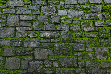 Rough Stone Wall Texture Background, Stone wall with moss, textured surface