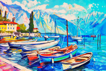 Vibrant digital oil painting of boats moored in a picturesque seaside town with mountains in the background