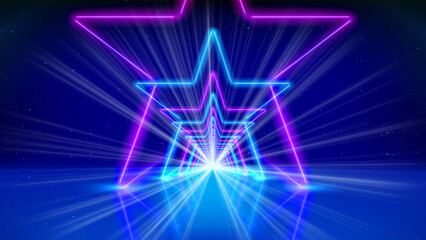 Flight movement through arcade. Glowing neon tunnel, corridor, star. Abstract geometric background, flying in cyberspace. Pink blue purple neon arch, perspective. Ultraviolet glow. Design element
