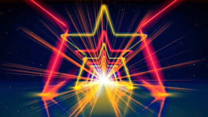 Flight movement through arcade of glowing neon tunnel, corridor, star. Abstract geometric background, flying in cyberspace. Red yellow gold neon arch, perspective. Bright golden glow. Design element