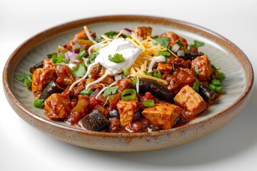 Fototapeta premium Rustic Bowl of Ancho-Rubbed Turkey and Leftover Turkey Chili with Cheese and Sour Cream