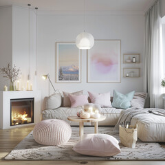 Scandinavian living room with pastel color accents, minimalist decor, and a focus on light and...