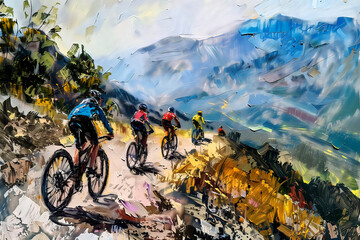 Mountain biking adventure in impressionist style