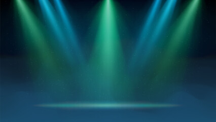 Blue green spotlight backdrop. Illuminated stage with blue fog, smoke. Background for displaying products. Bright beams of spotlights, haze, particles, a spot of light. Vector illustration