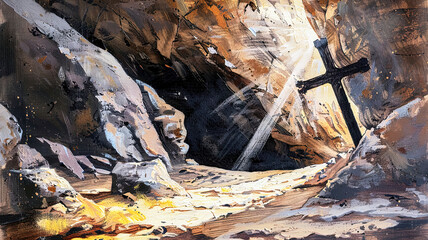 Ancient cave digital painting with christian cross