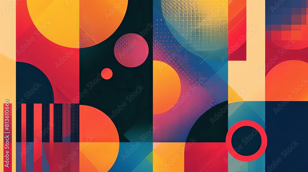 Poster creative geometry in color space with a red circle in the foreground