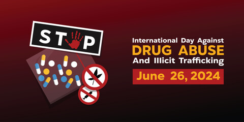 International Day Against Drug Abuse. Drugs, prohibition signs and more. Great for cards, banners, posters, social media and more. Red background.