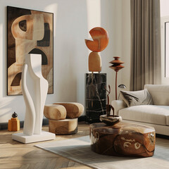 Scandinavian living room with an artistic flair, featuring unique sculptures, modern art, and a...