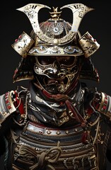 A samurai wearing ornate armor and helmet, dark background.