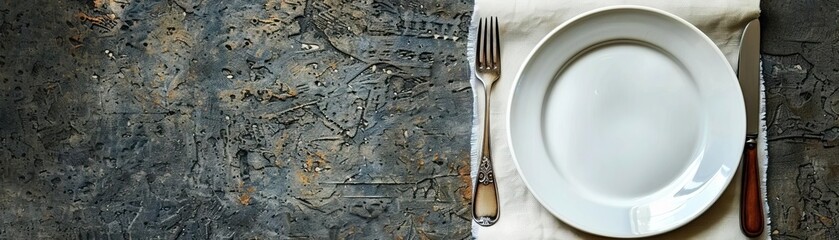 A close-up top view of a plate, knife, and fork on an elegant silk napkin, focus on the intricate texture of the napkin, set against a muted, contemporary background, providing a w