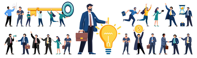 Obraz premium Set of business people in the process of work. Diverse men and women solving business problems, doing work assignments, explaining presentation, clerks doing office tasks. Flat vector illustration