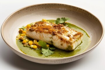 Gourmet Ancho Dusted Monkfish with Green Curry-Roasted Corn Sauce
