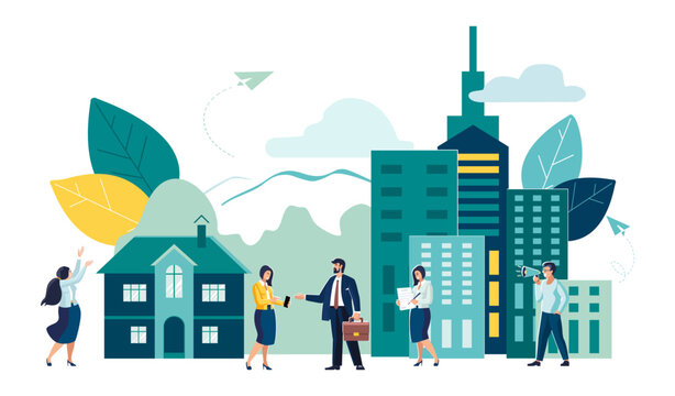 Vector illustration, real estate business concept with houses, real estate market growth, exchange of living space, presentation of a house, house for an apartment. People, realtor, business concept