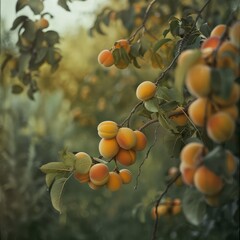 Apricots in a dense cluster on an apricot tree, with a soft-focus orchard in the background. 