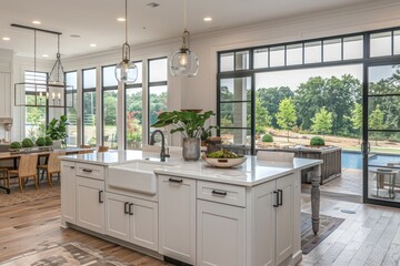 A large white kitchen with a white island and a sink