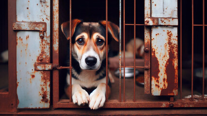Sad stray homeless dog in an animal shelter cage. A hungry dog behind an old rusty cage cage in a homeless animal shelter. Adoption, rescue, pet help