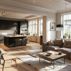 Scandinavian living room with an open floor plan, combining the kitchen and living area in a seamless design.