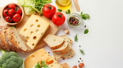 Delectable Delights: Savory Board of Processed Cheese, Bread, and Fresh Vegetables on a Stunning Whi