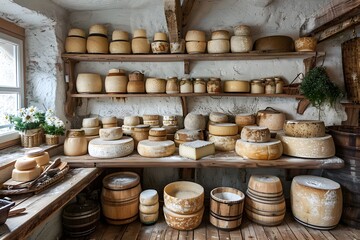Fototapeta premium A picturesque countryside landscape with a traditional cheese-making farm, aged to perfection in wooden cellars.