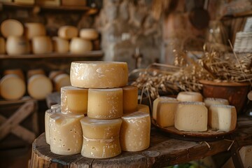 Fototapeta premium A picturesque countryside landscape with a traditional cheese-making farm, aged to perfection in wooden cellars.