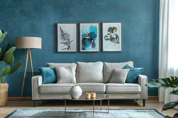 A living room with a blue wall and a white couch