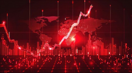 A red background with a graph of a city and a red line