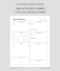 Daily Activities Planner Notes | Daily Activities Planner Notebook |Daily Activities Planner Workbook | Daily Activities Planner Log Book | Notebook Printable Planner | Letter Size