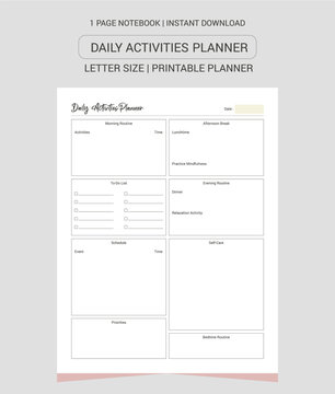 Daily Activities Planner Notes | Daily Activities Planner Notebook |Daily Activities Planner Workbook | Daily Activities Planner Log Book | Notebook Printable Planner | Letter Size