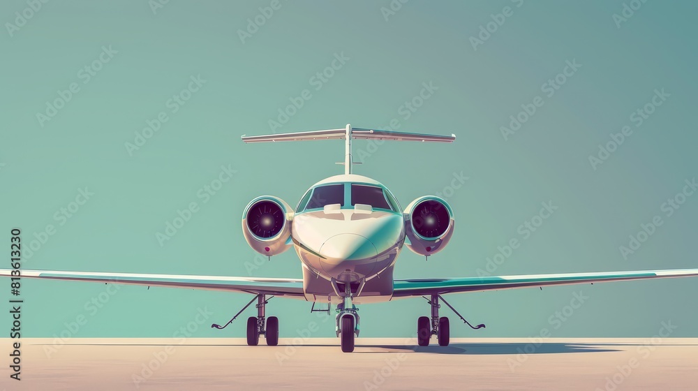 Poster corporate jet flat design front view business trips theme 3d render complementary color scheme