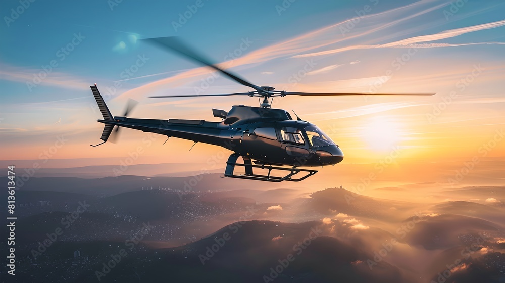 Wall mural stunning aerial view of a helicopter flying at sunset. modern aviation, air transport in beautiful e