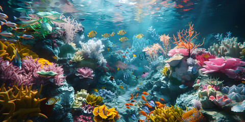 vibrant colorful under water world with fishes and coral reefs