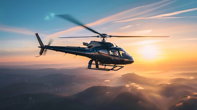 Stunning Aerial View of a Helicopter Flying at Sunset. Modern Aviation, Air Transport in Beautiful Evening Light. High-Quality Stock Image. AI