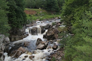 Scenic view of a river flowing through the rocks in a green park on a sunny day