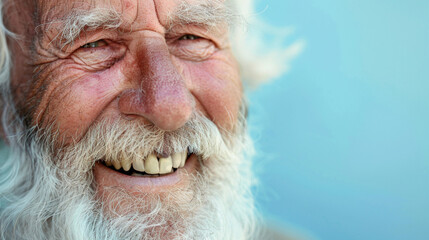 A heartening image capturing the close-up details of a bearded elderly man's smiling face, emphasizing