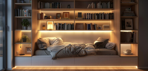 Scandinavian loft bedroom with a cozy alcove bed, surrounded by built-in bookshelves and soft, ambient lighting.